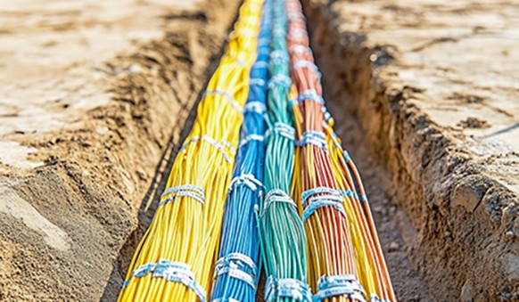 Glasfaser liegt im Boden – das Problem im Hausflur: Warum Ausbau ohne Aktivierung zur Frustfalle wird Copilot said: Bunte Kabelstränge liegen in einem schmalen Graben auf einer Baustelle und werden für die unterirdische Infrastruktur verlegt.